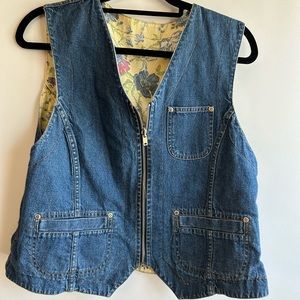 LIZ WEAR REVERSIBLE FLORAL / DENIM WOMENS VEST SILVER TONE HARDWARE LARGE